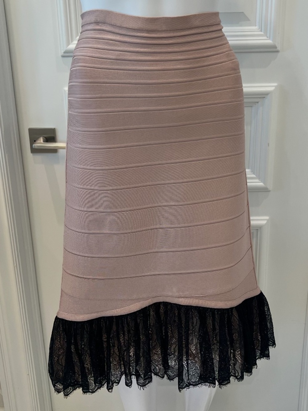 Herve Leger knit blush skirt with flounce  lace hem